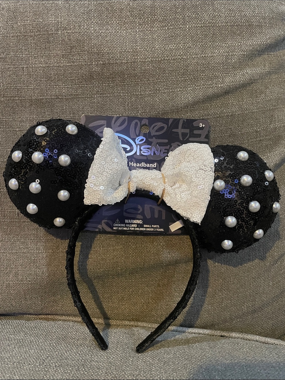 Disney Aldi Black Sequin Pearl Minnie Headband with White Sequins Bow